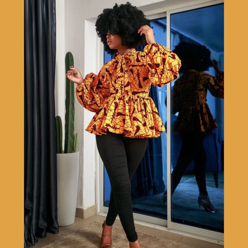 Maeotti Bibi Yellow African Ankara Print Peplum Blouse Sz S